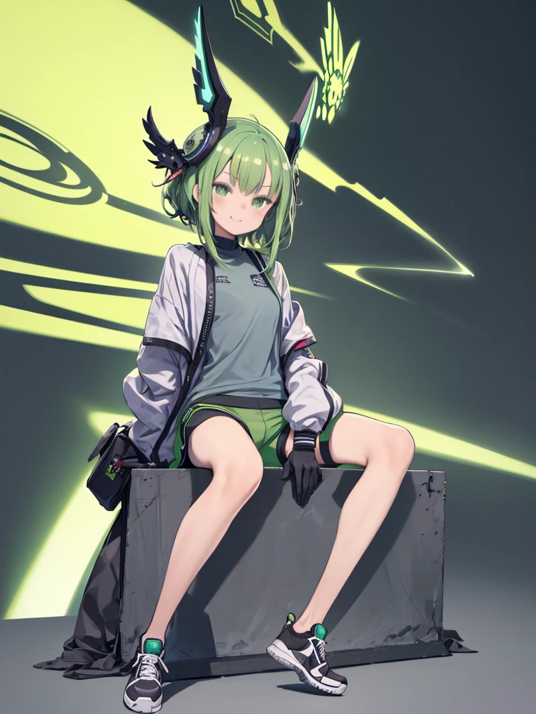 ((cute)), One girl, 一人in, Looking_in_Audience, smile, long green_hair, Simple_background, high detailed green eyes, full_body,Sitting, woman_concentrated, Open_Jacket, green_Jacket, headgear, green shorts, sneakers, gray_shirt, gloves, bag