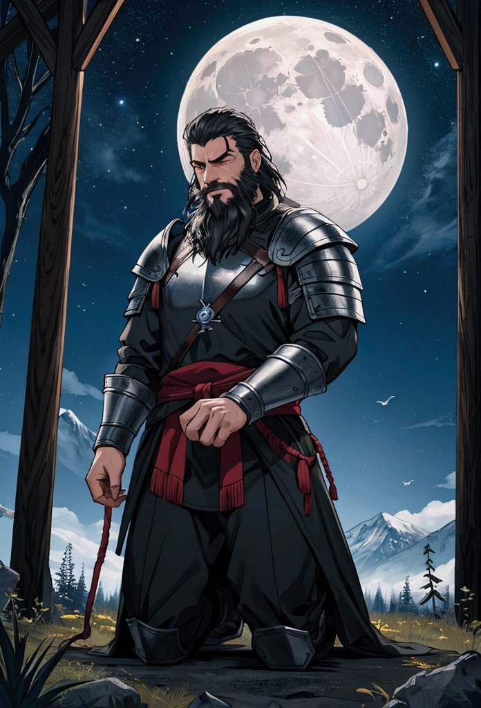 Create a realistic game-style man character who is tall and thin, has short black hair, wears a beard and is middle-aged, wearing armor damaged by battles. The man is praying on his knees on the ground, it is night and the moon is shining, there is a tree next to him and he is on a mountain. In the background create mountains, forests, heavy clouds leaving an opening for the moonlight, place some birds to compose the sky.