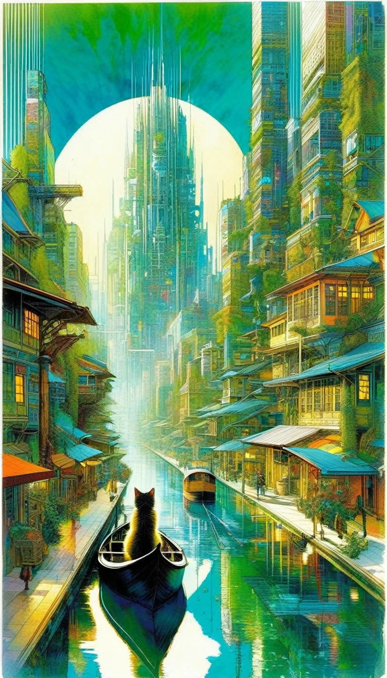 a cat in lake city:1.5 , an impressive city built on a large lake, with canals as streets, lots of vegetation, futuristic elements, artwork by Bill Sienkiewicz , vivid colors, intricate details,