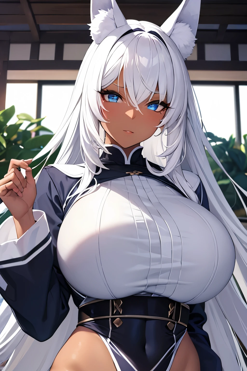 Masterpiece, Best Quality, Beautiful Girl, Beautiful Face, White Hair, Blue Eyes, Animal Ears, Dark Skin, Big Breasts, Long Sleeve Clothes,