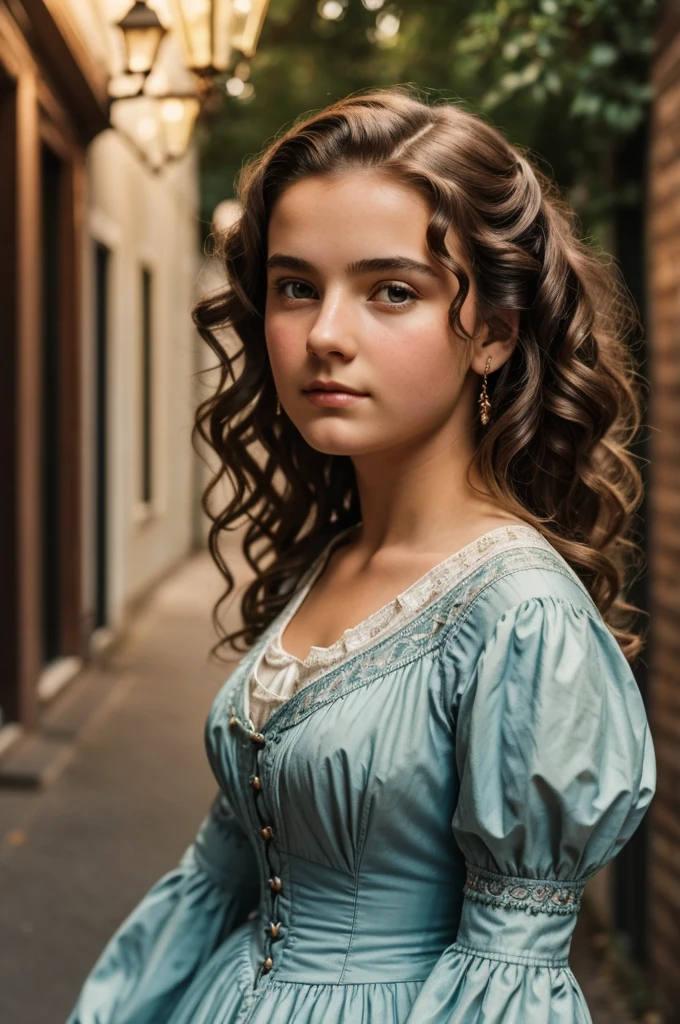 (a closeup of a beautiful 15 year old girl on a 19th century street in a princess dress), (Serious:0.5), (Very detailed face:1.4), , Nikon D850, film stock photography, 4 Kodak Portra 400, f1 camera.6 lenses, saturated colors, Hyper realistic, realistic texture, dramatic lighting, Cinestill 800, 19th century Victorian style, evening, vintage lighting, medium curly hair