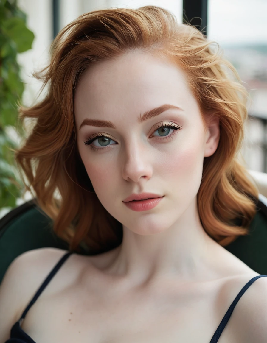 photography half body portrait of very beautiful realistic girl, laying on a chair in a room with a balcony, porcelain skin, very fair skin, very pale skin, redhead, hazel eyes, slanted eyes, small nose, small nostril, think curved eyebrow, thick bottom lip, seductive gaze, happy face, unique face, detail photo, realistic photo, master piece picture, sharp picture, outdoor clear daylight ,blone girl, blonde hair, seductive look