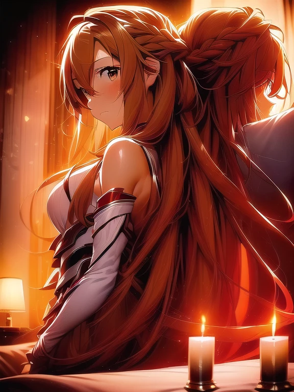 (Best Quality, 8k, ultra high resolution, absurd:1.2), (Yuuki Asuna of Sword Art Online), ( long and beautiful hair, honey eyes, adult, maduro, blush, shy, Beautiful ), ( lying in bed, in the back, looking ahead, Sleepy, yawn, wearing a white dress, candle lights, Cozy lights, evening )