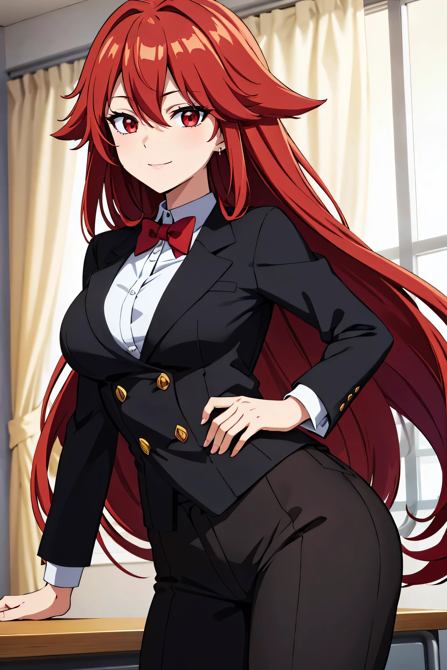 (artwork, best quality) a girl with bright red yae miko style long hair, red eyes, red earring, medium breasts, full black tuxedo, black pants, perfect body, pretty eyes, good waist, smiling, in a classroom