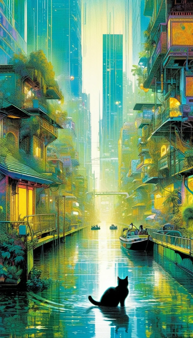 a cat plays in lake city:1.5 , an impressive city built on a large lake, with canals as streets, lots of vegetation, futuristic elements, artwork by Bill Sienkiewicz , vivid colors, intricate details,