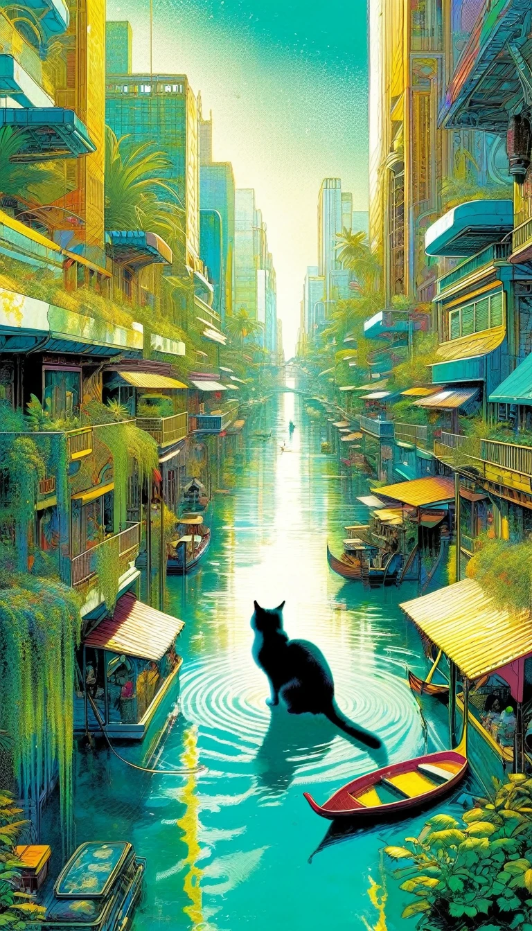 a cat plays in lake city:1.5 , an impressive city built on a large lake, with canals as streets, lots of vegetation, futuristic elements, artwork by Bill Sienkiewicz , vivid colors, intricate details,