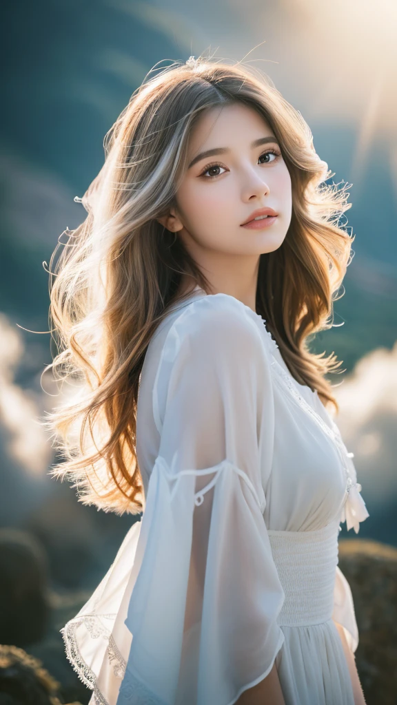 Beautiful girl, Long and fine hair, White Feather, flying above clouds, Soft and dramatic lighting, (Highest quality,4K,8k,High resolution,masterpiece:1.2),Very detailed,(Realistic,photoRealistic,photo-Realistic:1.37),Detailed eyes, Detailed nose, Detailed lips, Long eyelashes, Angelic look, peaceful, Magic, Fantasy, Cinematic, Dramatic colors, Warm color palette