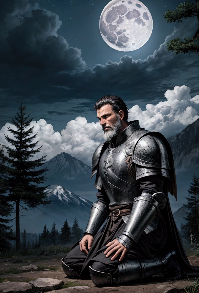 Create a realistic game-style man character who is tall and thin, has short black hair, wears a beard and is middle-aged, wearing armor damaged by battles. The man is praying on his knees on the ground, it is night and the moon is shining, there is a tree next to him and he is on a mountain. In the background create mountains, forests, heavy clouds leaving an opening for the moonlight, place some birds to compose the sky.