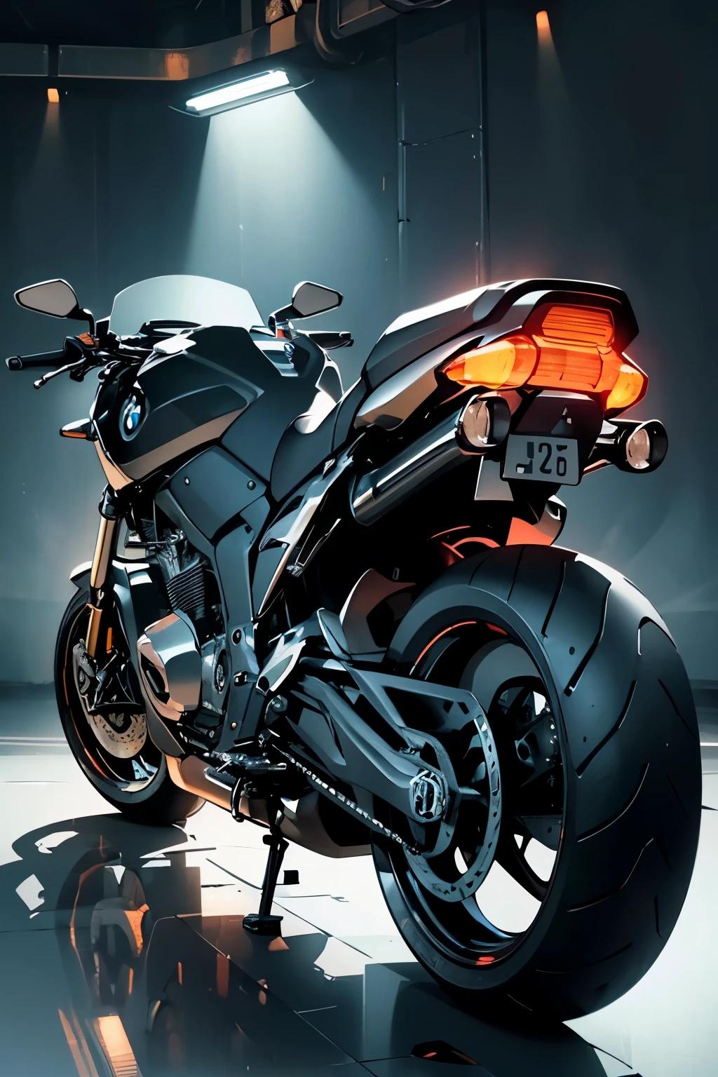 The half-turn rear view of a BMW motorcycle is captured in exquisite detail against a dark background, creating an atmosphere of mystery and intrigue. The motorcycle's sleek design is accentuated by the trunk mounted on the rear, adding a functional yet stylish element to the image. The motorcycle's reflections on the trunk create a mirror-like effect, revealing the flawless curves and lines of the vehicle. The dark background further emphasizes the motorcycle's presence, making it the undeniable focus of the image. This high-resolution photograph is a masterpiece of light and shadow, with the spotlight skillfully highlighting the motorcycle's details, creating a stunning contrast between