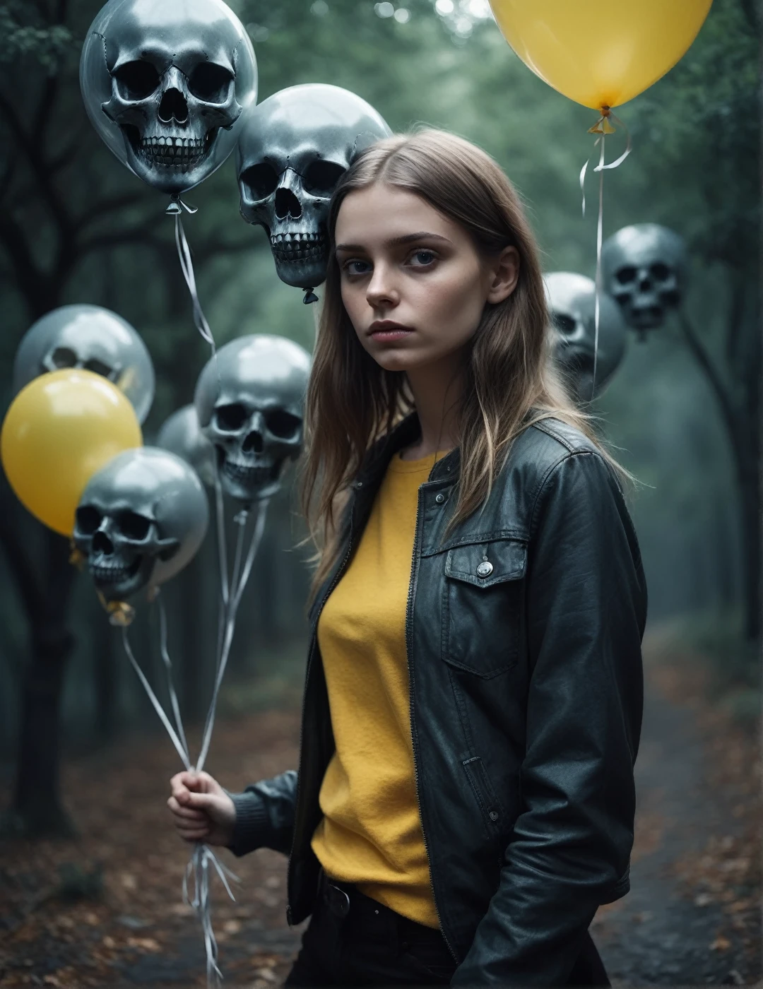 photorealistic portrait, surreal, Discreet, haunting and creepy of a girl clutching a bunch of realistic skull balloons, [the innocent look of the girl : macabre horror nature] scenery, Perfect quality of horrible conceptual image., Depressive atmosphere of restlessness and shock., cooling globe assembly, strange contrast, Dark fantasy and psychological thriller., translucent bioluminescent materials, Ultrafuturista, (voronoi pattern, depth of field, (bokeh arremolinado:1.275), (Kodak photo 400:0.875) :1.15), (realistic complex futuristic background, many futuristic kitchen devices:1.1), shiny glass, (Turbulent Toxic Vapor, epic surreal, edge lighting, low profile light:1.1), remarkable masterpiece, celestial, ethereal, epic, magic light flashes, dreamy soft natural lighting, ((warm yellow and deep charcoal:0.7), (cinematic look:1.15):1.15)