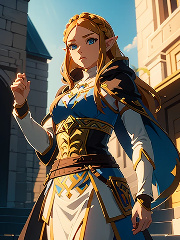 A full-length photo of Princess Zelda, chestnut hair, blue colored eyes, dressed as an Assassin from Assassins Creed, blank+gold with white mask and hood with gold details, XL Bust, using a wrist blade. fund: A city during the Renaissance period. unreal motor 5, アニメ, anime styling, work of art, well drawn eyes, nicely designed face, pretty detailed eyes, well-detailed face, 8k, Light and Shadow Effect.  