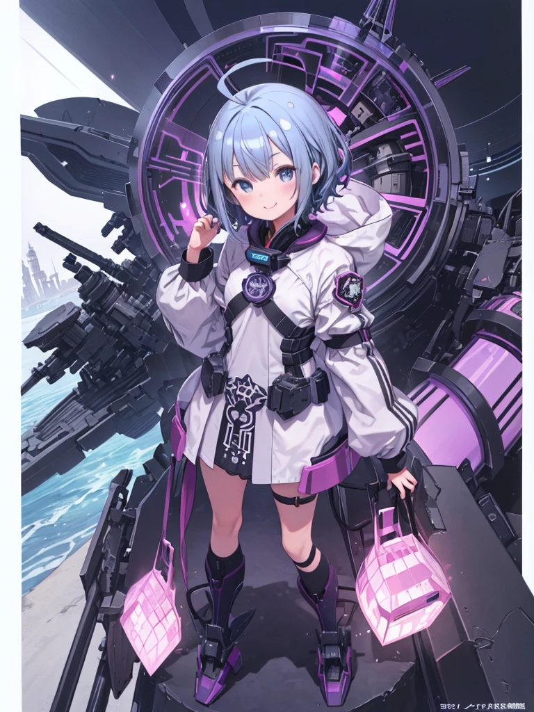 (masterpiece, Highest quality), One girl, (((mekakure))), blush, Purple Hair, Hair above the eyes, short hair, Ahoge, (((Blue Hair, eyes covered、Mechacle)))、Smiling、