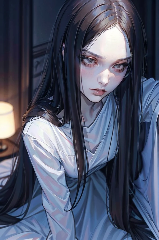 A long black hair girl wears student uniform, luxury bedroom, detailed background, half-closed eyes, sharp eyes, keen eyes, slanted eyes, siren eyes, black eyes, (contemptuous), (judging), evil eyes, glossy lips, unbothered expression, judging expression, (judging), (arrogant), arrogant expression, evil girl, mean girl, villian, villianess, (elegant), (sexy), (devine), (brilliant), (splendid), tall, (mature), mature face, long face, mature body, rich lady, young lady, smart, honor student, top student, stunning, beautiful, aethereal, (1girl), (pose), posing, full body, (full body), nipples, (luxury bedroom), soft light, detailed(glow and shadow), cinematic lighting, highest quality, extremely detailed, masterpiece