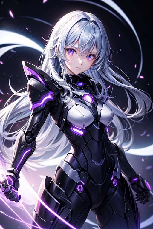 Imagine an anime girl with robotic and futuristic features. He has dark hair and eyes that shine with an intense purple light.. He wears black and metallic armor and holds a purple luminous sphere in his hand., which appears to be a source of energy or an object of power. The background is dark, illuminated by blue and white neon lights, and there are complex mechanical structures that indicate an industrial or cyber environment.