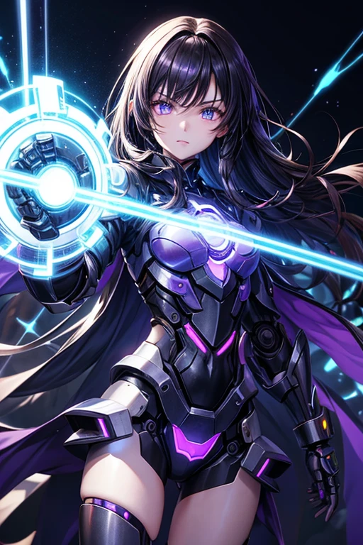 Imagine an anime girl with robotic and futuristic features. He has dark hair and eyes that shine with an intense purple light.. He wears black and metallic armor and holds a purple luminous sphere in his hand., which appears to be a source of energy or an object of power. The background is dark, illuminated by blue and white neon lights, and there are complex mechanical structures that indicate an industrial or cyber environment.