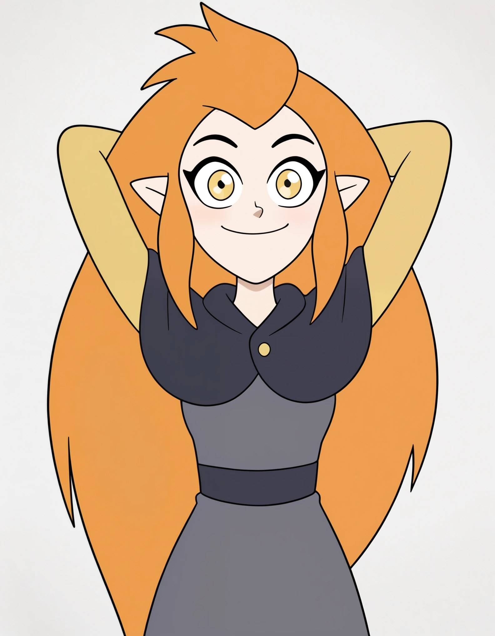 1girl, eda clawthorne, orange hair, long hair, yellow eyes, pointy ears, , capelet, grey skirt, yellow sleeves, yellow leggings, smile, looking at viewer, arms behind head, white background, grey shirt,