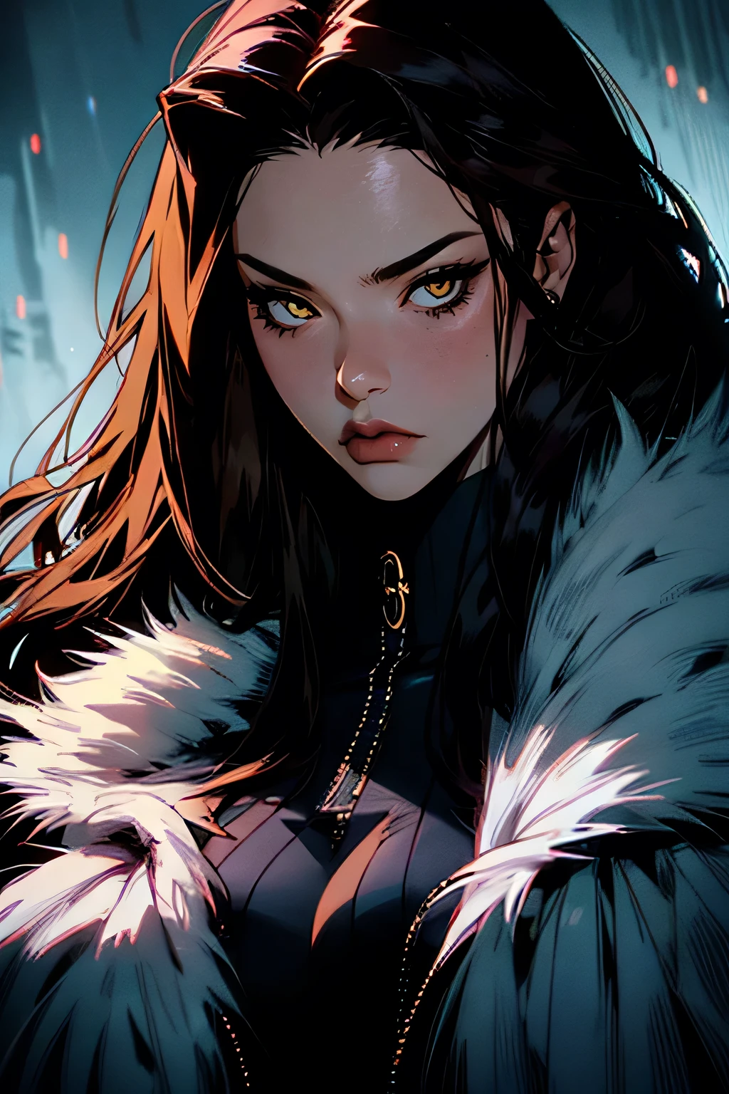 hyper-realistic of a mysterious woman with flowing dark hair, piercing yellow eyes, upper body, snown background, fur coat