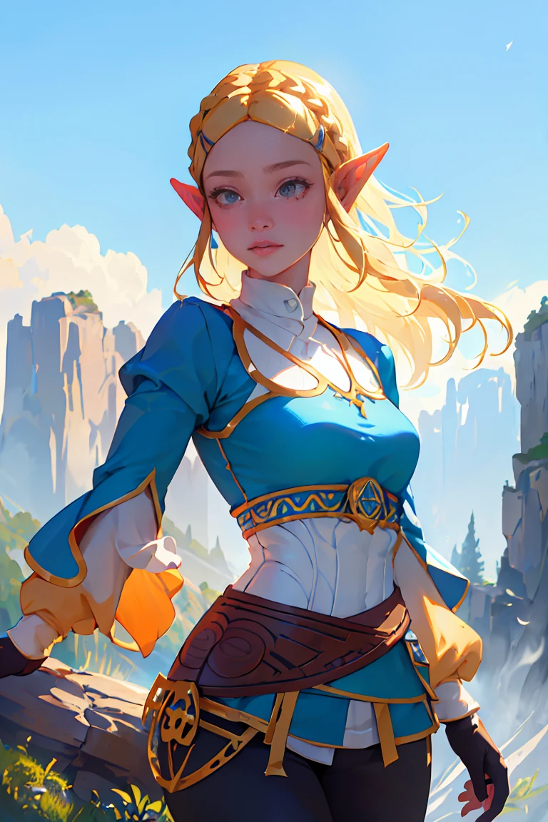 ((work of art, Maximum quality, high resolution)), ((highly detailed 8K unified CG wallpaper)), 1 girl, Princess Zelda, shorth hair, crown braid, hair clip, pointy ears, Brown Cover, shirt blue, puff sleeves, long sleeves, gloves fingerless, black gloves, black pants, tight pants, aazelda, long hair, crown braid, hair clip, pointy ears, shirt blue, long sleeves, gloves fingerless, black gloves, black pants, tight pants sweating, plein-air, gram, louka, cliffs, stony,