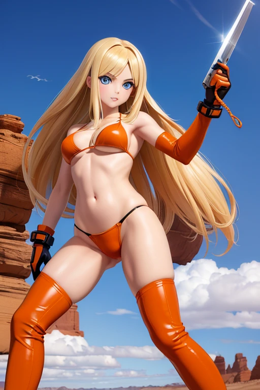 Perfect Anatomy Highest quality,Highest Resolution,(((Dark orange bikini Thigh-high boots))) Metal Max 2:Reloaded Mishka Blonde long hair Blue Eyes D Cup 20-year-old end of the century desert athletic Warrior cool