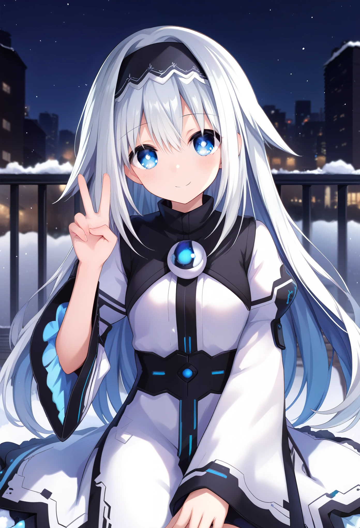 score_9, score_8_up, score_7_up, arusu maria,1girl, solo, long hair, blue eyes, white hair,hair between eyes,white dress,white thighhighs, long sleeves, wide sleeves,black hairband,Face, close-up, upper body, peace pose, smiling, sit, rised hand, snow background, night, city ​​in the distance, bright eyes, feet