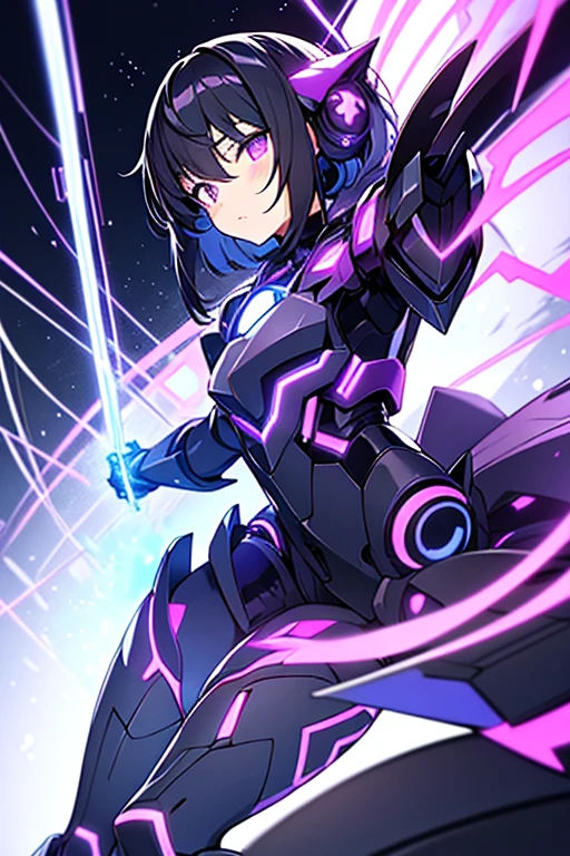 Imagine an anime girl with robotic and futuristic features. He has dark hair and eyes that shine with an intense purple light.. He wears black and metallic armor and holds a purple luminous sphere in his hand., which appears to be a source of energy or an object of power. The background is dark, illuminated by blue and white neon lights, and there are complex mechanical structures that indicate an industrial or cyber environment.