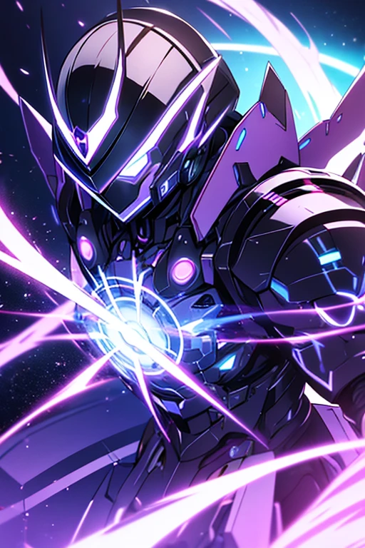 Imagine an anime girl with robotic and futuristic features. He has dark hair and eyes that shine with an intense purple light.. He wears black and metallic armor and holds a purple luminous sphere in his hand., which appears to be a source of energy or an object of power. The background is dark, illuminated by blue and white neon lights, and there are complex mechanical structures that indicate an industrial or cyber environment.