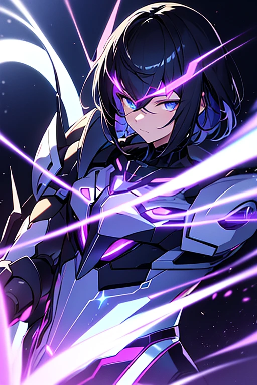Imagine an anime girl with robotic and futuristic features. He has dark hair and eyes that shine with an intense purple light.. He wears black and metallic armor and holds a purple luminous sphere in his hand., which appears to be a source of energy or an object of power. The background is dark, illuminated by blue and white neon lights, and there are complex mechanical structures that indicate an industrial or cyber environment.