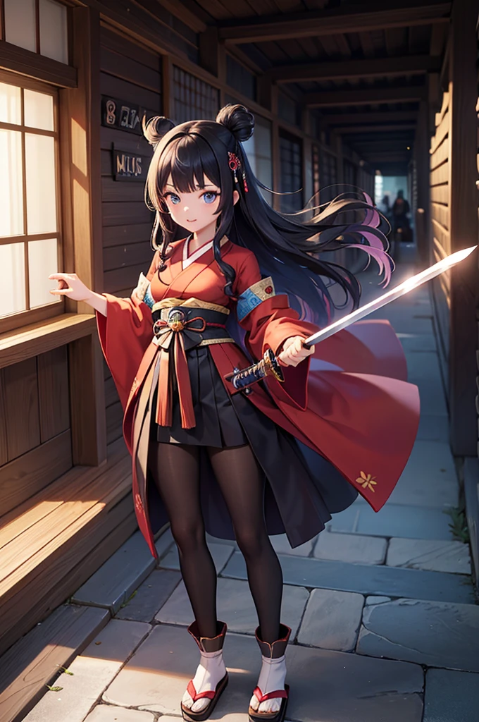 Fantasy RPG character, 26-year-old woman, samurai, sword, Japanese clothing, ((full body)), ((anime)), ((best qualtiy, 8K, tmasterpiece:1.3)), Focus:1.2, perfect figure beautiful woman:1.4, 1woman, cowboy shot, look at viewer, eyes facing the camera, incredibly absurd, beautiful and cute woman, showcasing top-quality craftsmanship, cute, neat