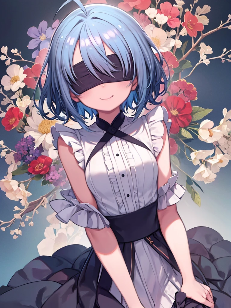 (masterpiece, Highest quality), One girl, (((mekakure))), blush, Purple Hair, Hair above the eyes, short hair, Ahoge, (((Blue Hair, eyes covered、Blindfold)))、Smiling、Upper Body、