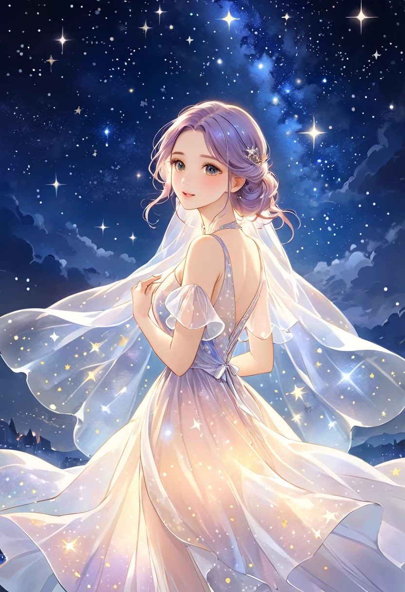 (Masterpiece,best quality,absurdres,4k,8k,highres:1.3), girl wearing an ethereal translucent dress made of starry_sky_print, magical, fantasy, whimsical, complex drawing, highly detailed, ethereal, starry night, vibrant 