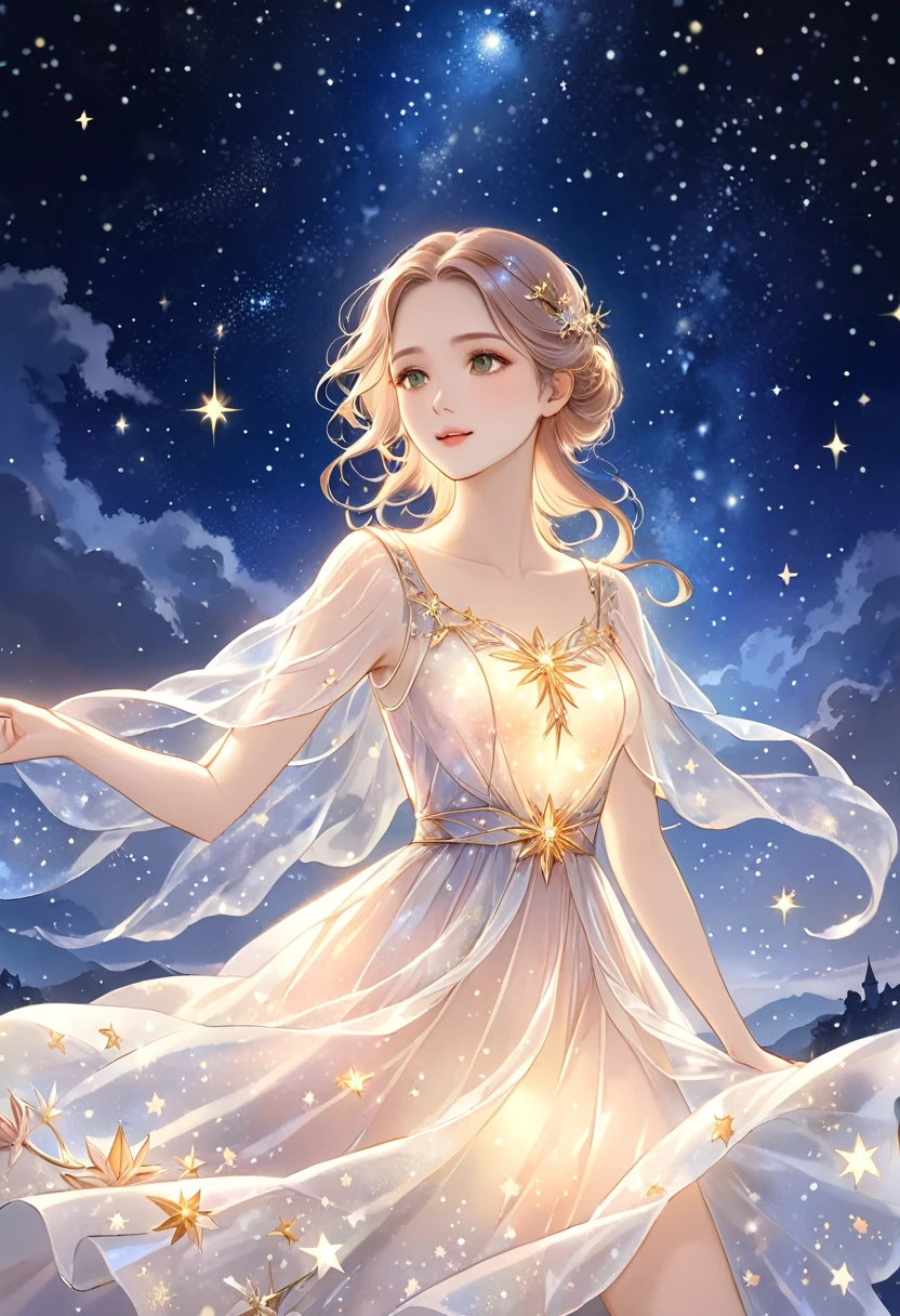 (Masterpiece,best quality,absurdres,4k,8k,highres:1.3), girl wearing an ethereal translucent dress made of starry_sky_print, magical, fantasy, whimsical, complex drawing, highly detailed, ethereal, starry night, vibrant 