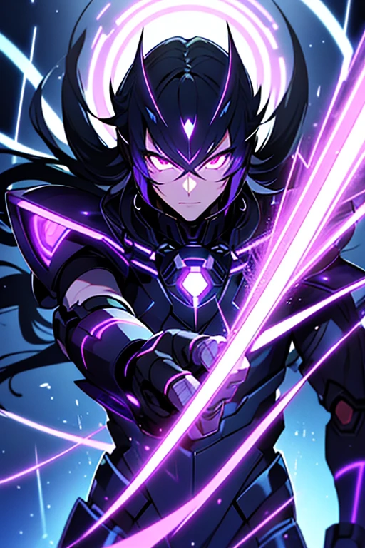 Imagine an anime girl with robotic and futuristic features. He has dark hair and eyes that shine with an intense purple light.. He wears black and metallic armor and holds a purple luminous sphere in his hand., which appears to be a source of energy or an object of power. The background is dark, illuminated by blue and white neon lights, and there are complex mechanical structures that indicate an industrial or cyber environment.And he has an energy sword in his right hand that shines very brightly..