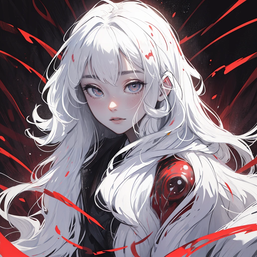 ruby core eyes, divinity, (Effect of blood particles around your head, Lots of blood effect) tattoo, make up, Passing night landscape, A beautiful girl with, UHD portrait, (high qualiy) (ultra details) Looking at the viewer in hip-hop style streetwear; different, fullcolor, very white and long hair 🌈