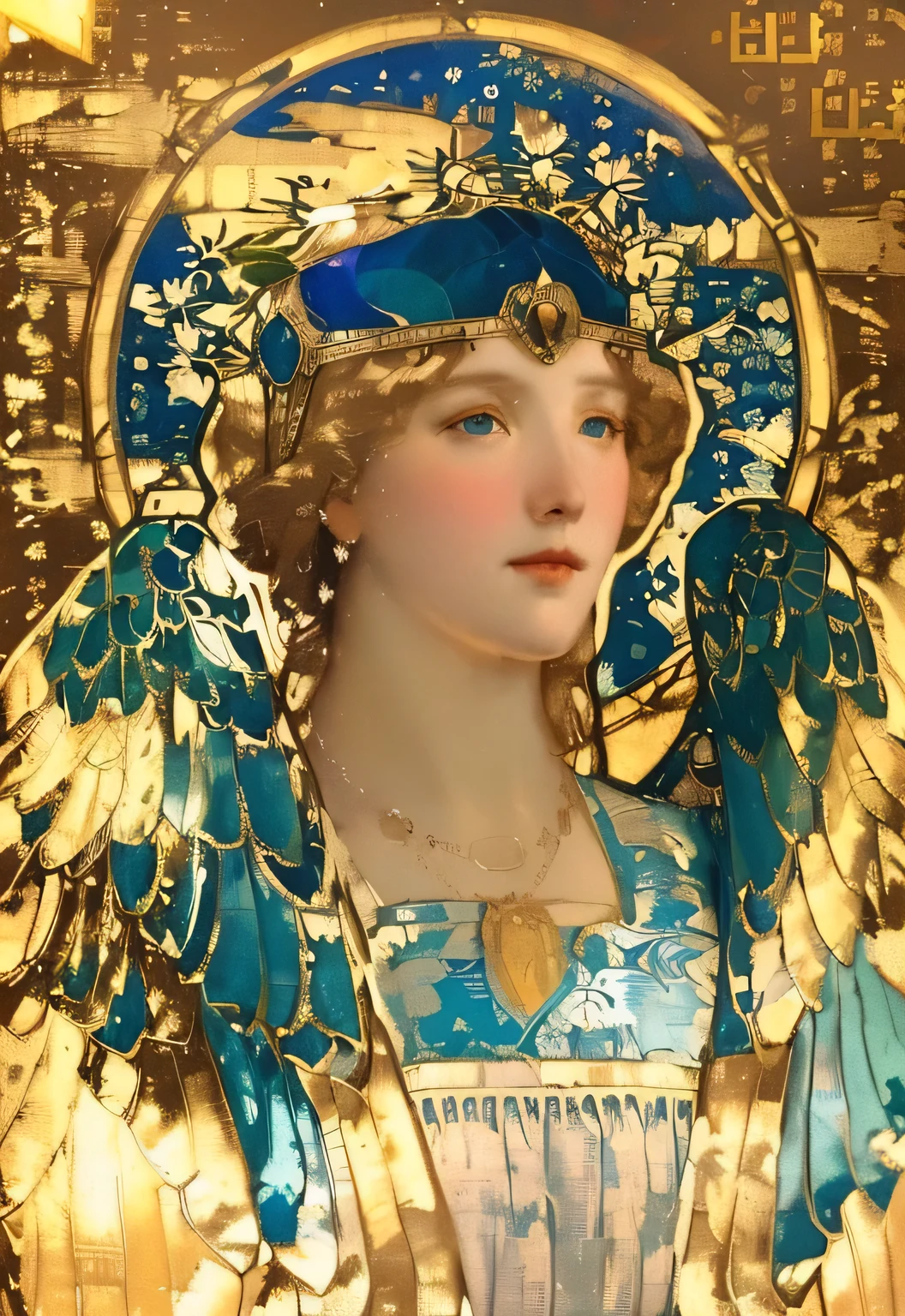 an angel with a halo and wings in a blue dress, raphaelite and mucha, by Elizabeth Shippen Green, inspired by Nikolai Ge, by Minerva J. Chapman, art nouveau portrait, portrait of a beautiful angel, raphaelite and alphonse mucha, mucha. art nouveau. gloomhaven, inspired by Evelyn De Morgan, mucha style 4k