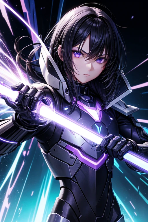 Imagine an anime girl with robotic and futuristic features. He has dark hair and eyes that shine with an intense purple light.. He wears black and metallic armor and holds a purple luminous sphere in his hand., which appears to be a source of energy or an object of power. The background is dark, illuminated by blue and white neon lights, and there are complex mechanical structures that indicate an industrial or cyber environment.And he has an energy sword in his right hand that shines very brightly..