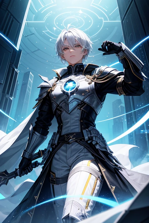 character: The character has messy white hair and yellow eyes that stand out for their intensity.. He wears black armor with golden details that give him an elegant and warrior look..
object in hand: Holds a geometric sphere that radiates bright yellow light, creating a stunning visual effect that complements the sparkle in your eyes.
Environment: The background is dark, but it is enhanced by lines of neon light in blue and white tones, suggesting a futuristic environment. The metal structures and panels that are observed indicate a possibly industrial or advanced technological place..