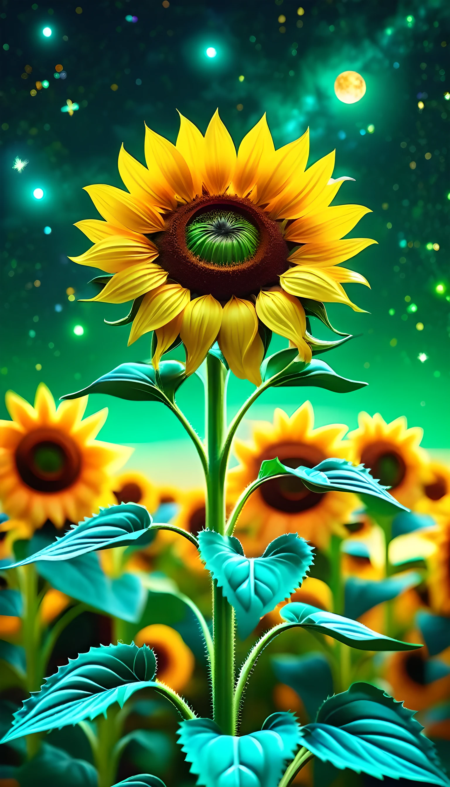 1, 3d sunflower, super AMOLED, ultra realistic, hyper details, beauty, portrait more random details, a green land background, bright starry sky, oil rendering, live photos, picturesque style with lots of details, small lights of different colors, high resolution, creative art
