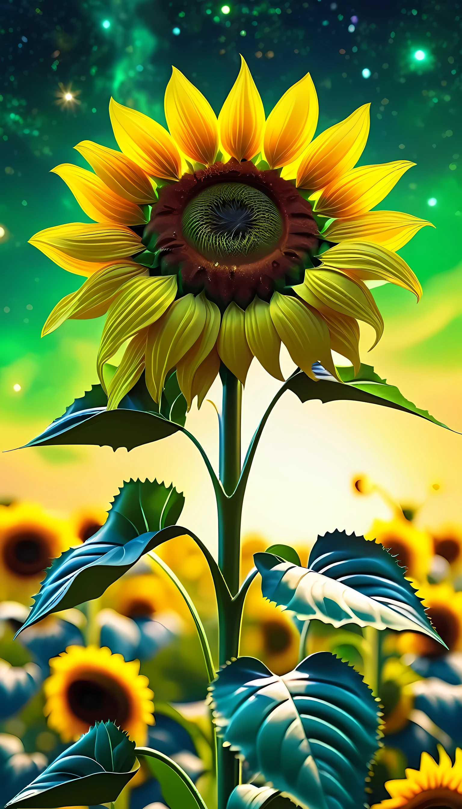 1, 3d sunflower, super AMOLED, ultra realistic, hyper details, beauty, portrait more random details, a green land background, bright starry sky, oil rendering, live photos, picturesque style with lots of details, small lights of different colors, high resolution, creative art