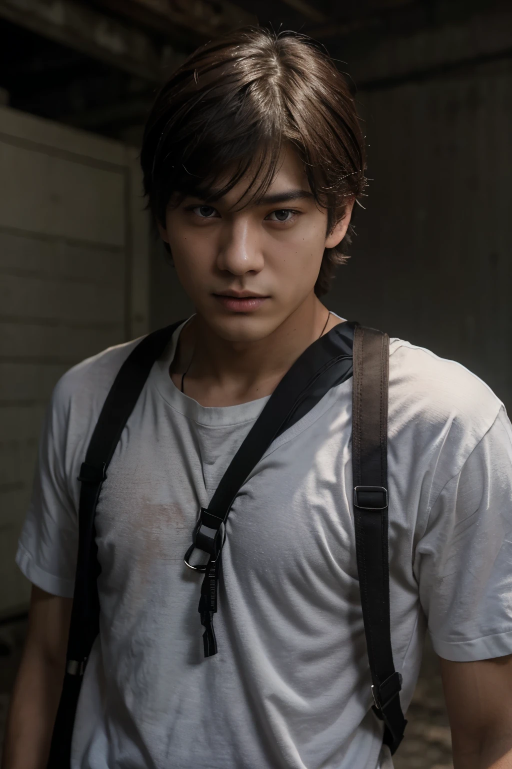 Young handsome guy, fear, looks like Taehyung from BTS, Asian, 20 years old, with a proportional face, white skin and dark brown tousled hair, grey eyes, post apocalyptic clothing, with straps on hips. 