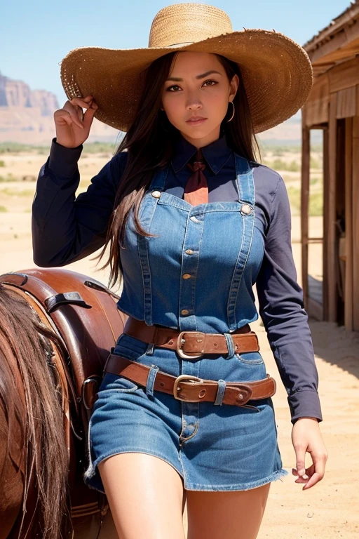 ((masterpiece, Highest quality, High resolution, Highly detailed CG integrated 8K wallpaper)), (Huge and stunning goddess shot, Very hot and sexy, Incredible beauty, Perfect Proportions, Beautiful body, Slim body beauty:1.3), 西部のcowboy, (cowboys riding horses in a desert area with a mountain in the background:1.3), (Oil painting film), Oil painting film, Oil painting, an epic Oil painting, cowboy, Old West, Django, Clint Eastwood movie style, cowboys, Wyatt Earp and Doc Holliday, Fox, Show at Westworld, spaghetti Oil painting, Ticker, Westworld Style, in the Old West, Old West, Oil painting setting, wearing a cowboy hat, Brown leather vest, Denim mini skirt, Leather boots,