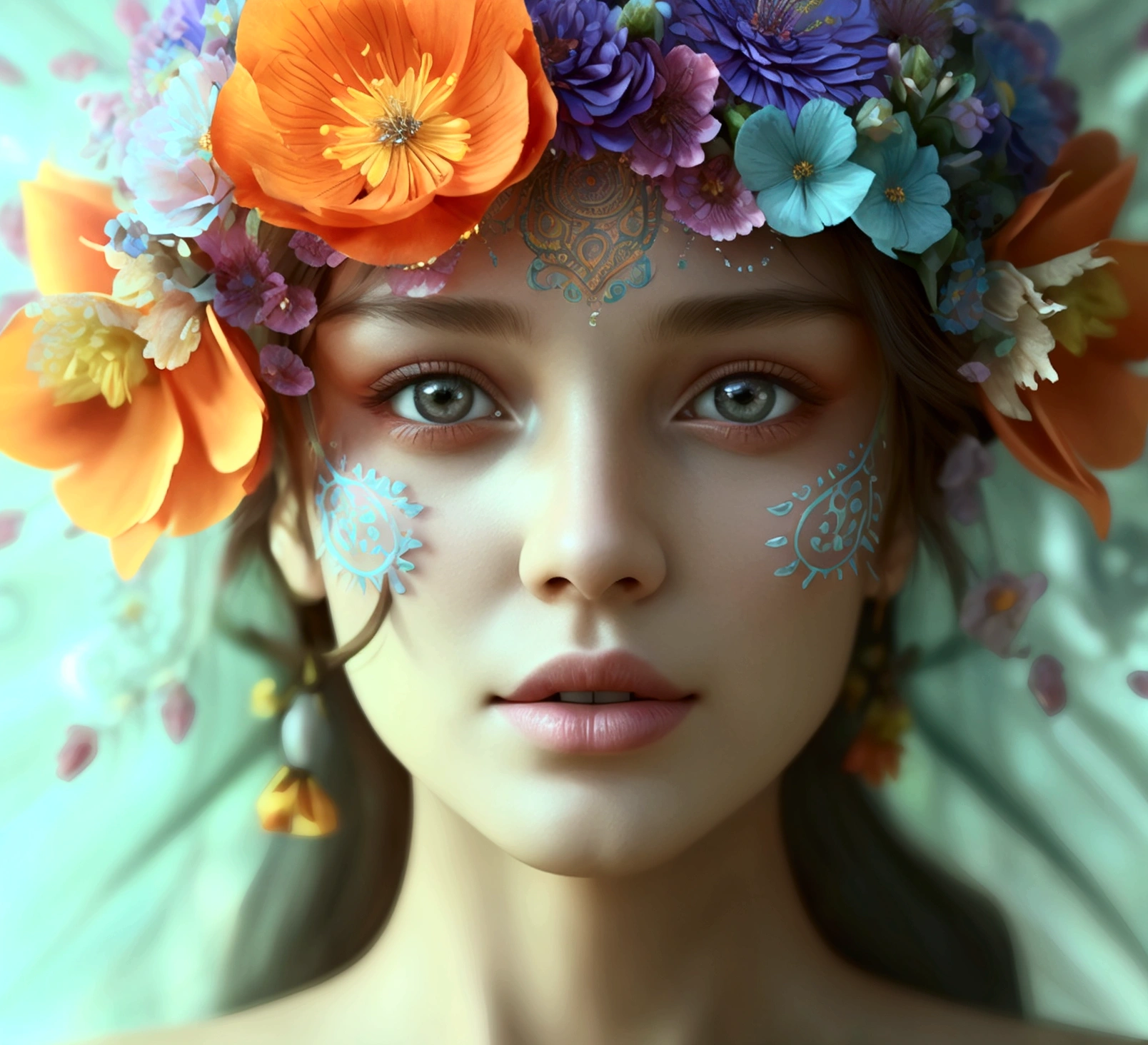 amazing girl))). (best quality:1.2, highres, ultra-detailed, realistic:1.37), vibrant colors, 3D rendering, flower of life, intricate details, glowing patterns, mesmerizing beauty, ethereal atmoshere, spiritual symbolism, sacred geometry, divine creation