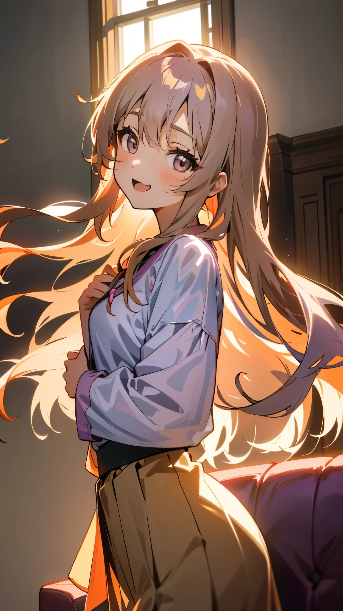 1 girl、Anime Style、美しい light brown hair、Beautiful purple round eyes、Long Hair、Transparent Hair、Translucent hair、Laughing with your mouth open、From the side、Western-style room、sofa、morning、Glowing Skin、Narrow waist、Casual Wear Skirt