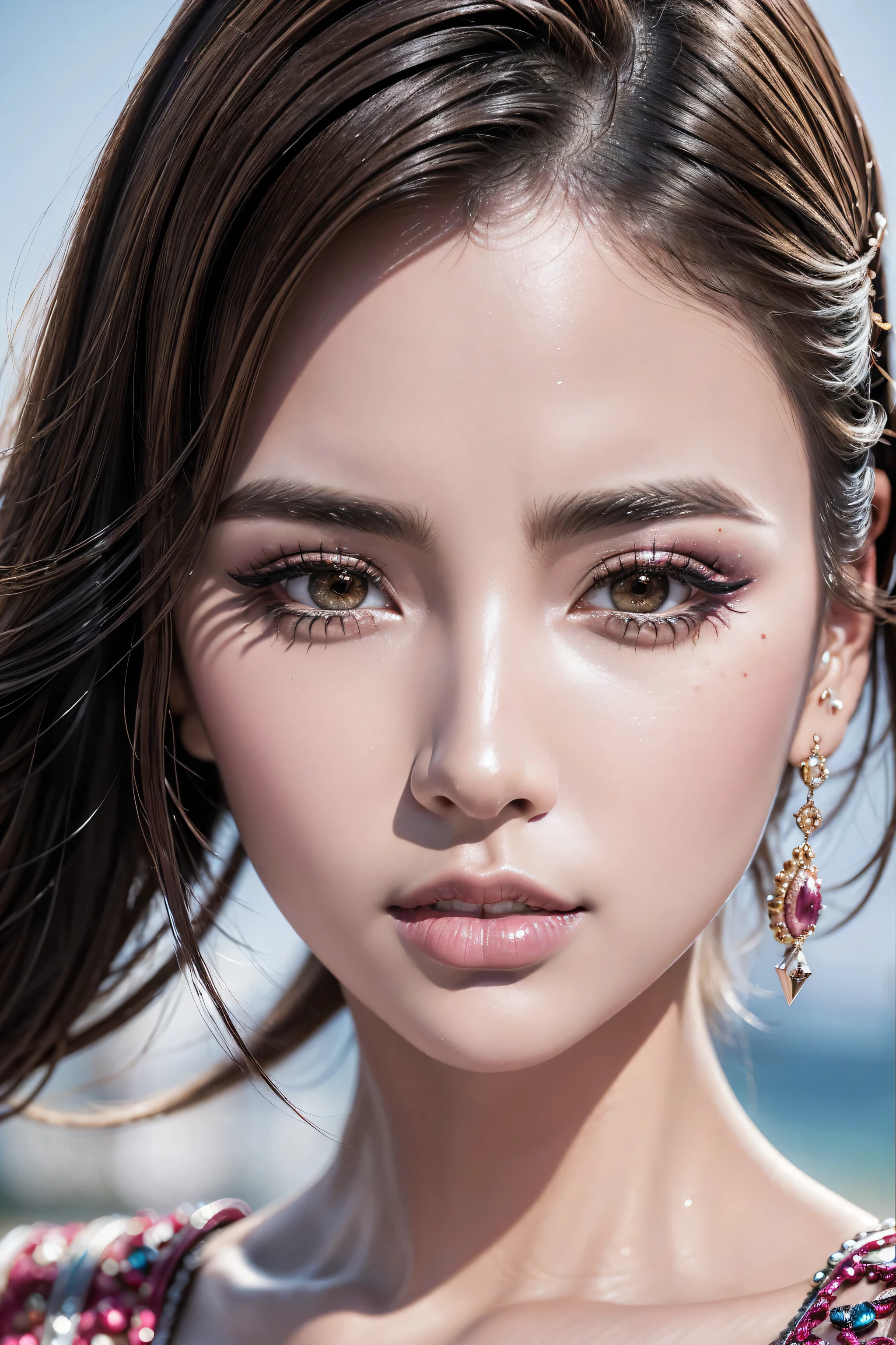 photorealistic Realism 8K Quality, (high-res, best high quality), ([long(lashes)|perfect(eyeshadows)]:[|blue|pink]), ((clear no blur and sharp perfect round, realistic brown_eyes:1.25), finely quality eyes), (tired and sleepy and satisfied:0.0), (finely detailed pupils), BREAK, detailed lips, pink_makeup, long_blue_eyeliner, red_lipstick:1.2, perfect dark_eyeshadows:1.15, ((beautiful sharp-face), extremely detail:1.3), (high detailed Super beautiful slim and cute-face), a significant look at the viewer, ((beyond kiss)), (Upper body shot), ((highly elaborate extravagant microscopic street outfit:1.25)), perfect composition, ((dry skin)), Hasselblad, 85mm f/4.0