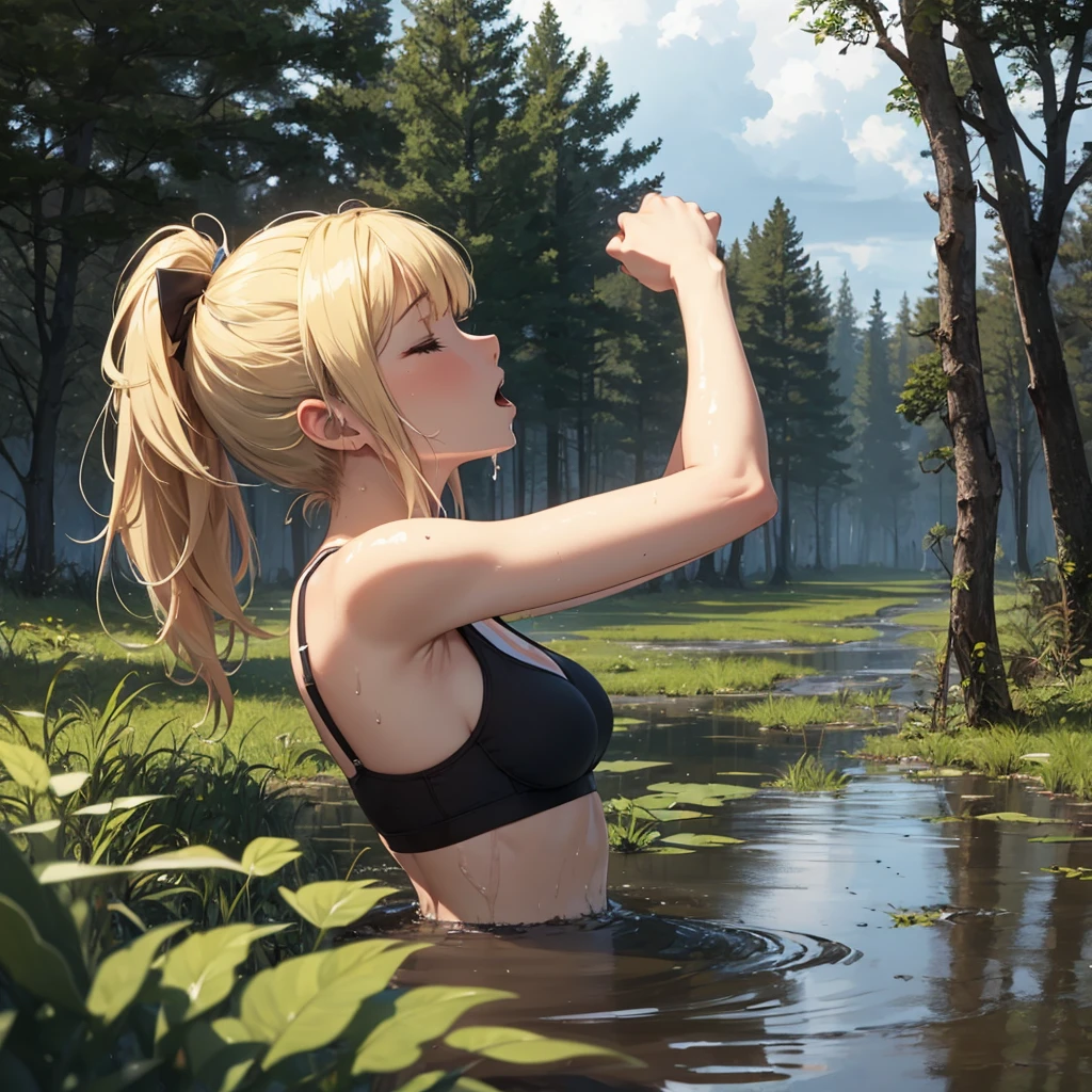 1girl, solo:1.5, masterpiece, best quality, high res, highly detailed, (illustration), beautiful detailed eyes, yuigahama yui, blonde hair ponytail, glossy lips, light makeup, orgasm, (looking up to the sky:1.5), (mouth open:1.2), intimate moment, wearing a string bikini, cleavage, (quicksand:1.4), (from side:1.4), bog, swamp, grass, trees, (eyes closed:1.3), gasping