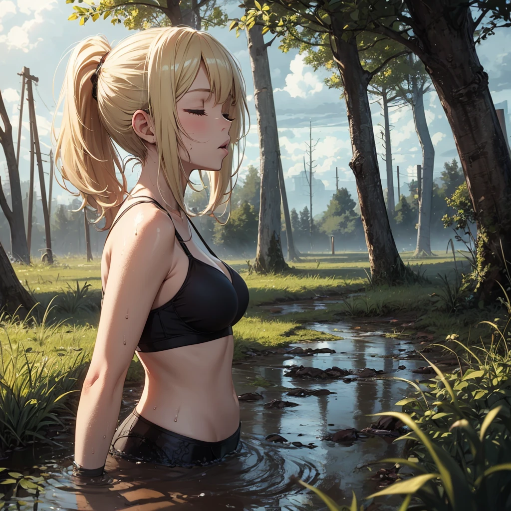 Solo, 1girl, drowned in mud, bog, grass, trees, muck, orgasm, looking up, eyes closed, mouth open, stormy weather, Solo, From Side, blonde hair in ponytail, wearing black bra,