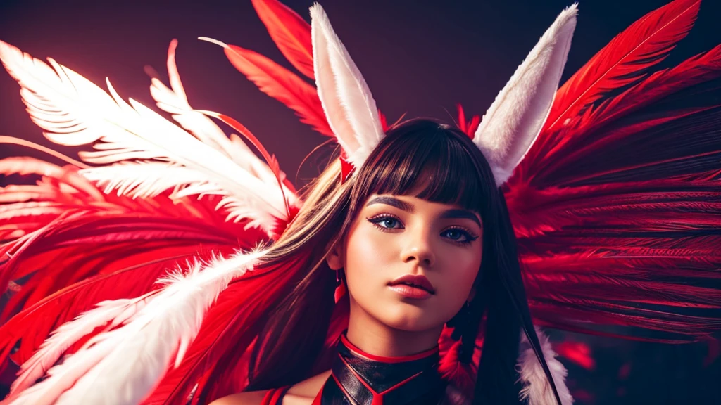 futuristic background with red feathers and bunny ears on the edges