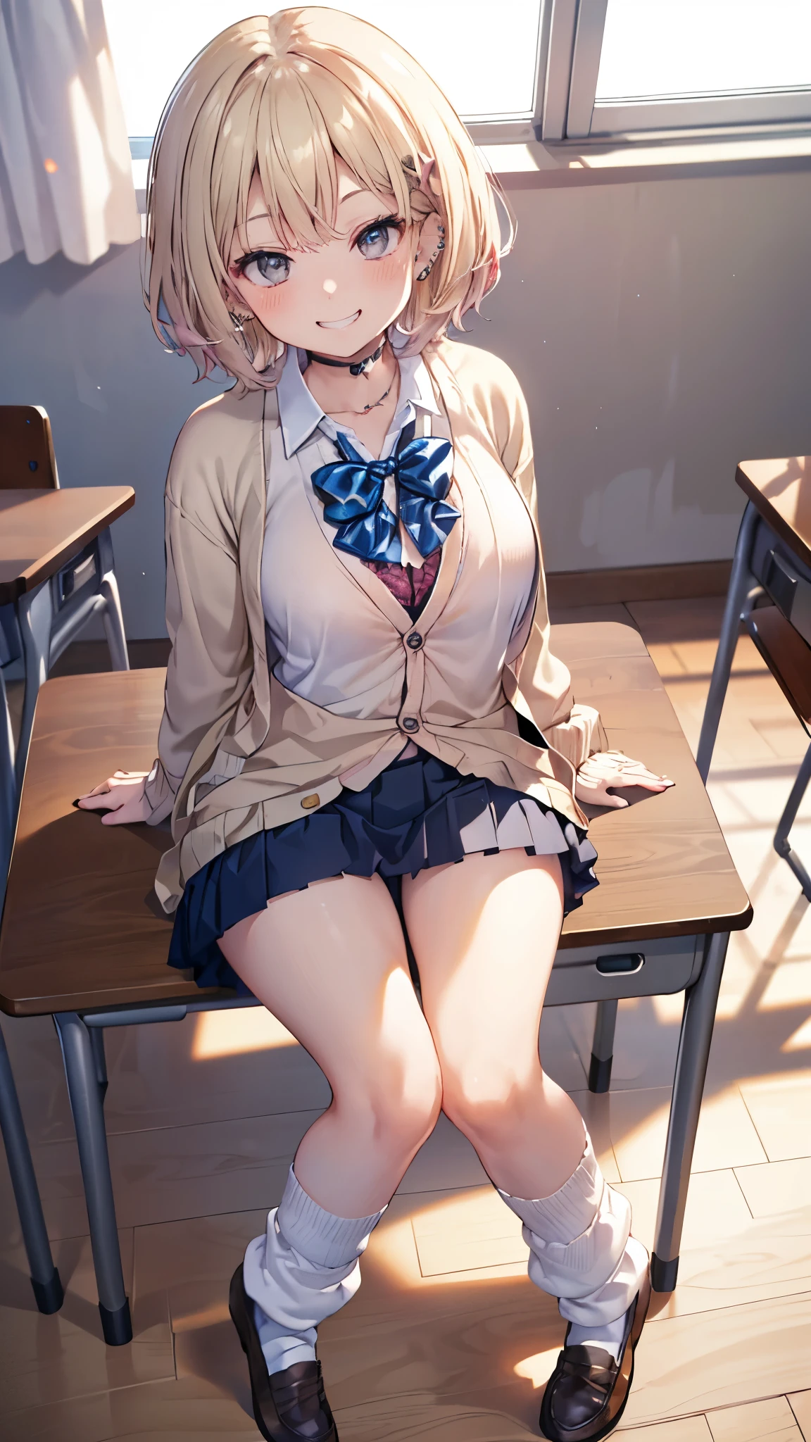 masterpiece, best quality, highres,high resolution,us1, blonde hair, purple eyes, school uniform, white shirt, blue skirt, neckerchief, white socks, pleated skirt, long sleeves,from below,squating,leg spread,white panties, cameltoe,classroom background