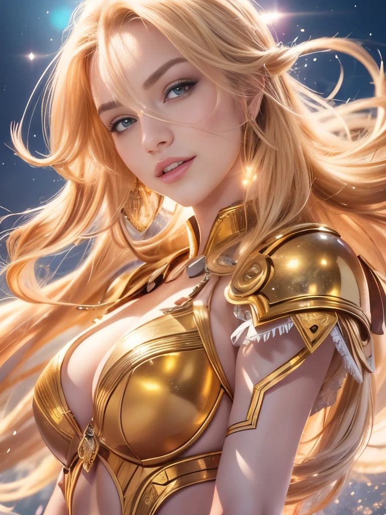 (Masterpiece. Uhd) an ultra hot gorgeous European woman. Age 23. flowing golden blonde hair, yellow eyes, golden imperial outfit, neckline, anime, the background is a clear sky with twinkling lights, dynamic angle, arrogant laughter