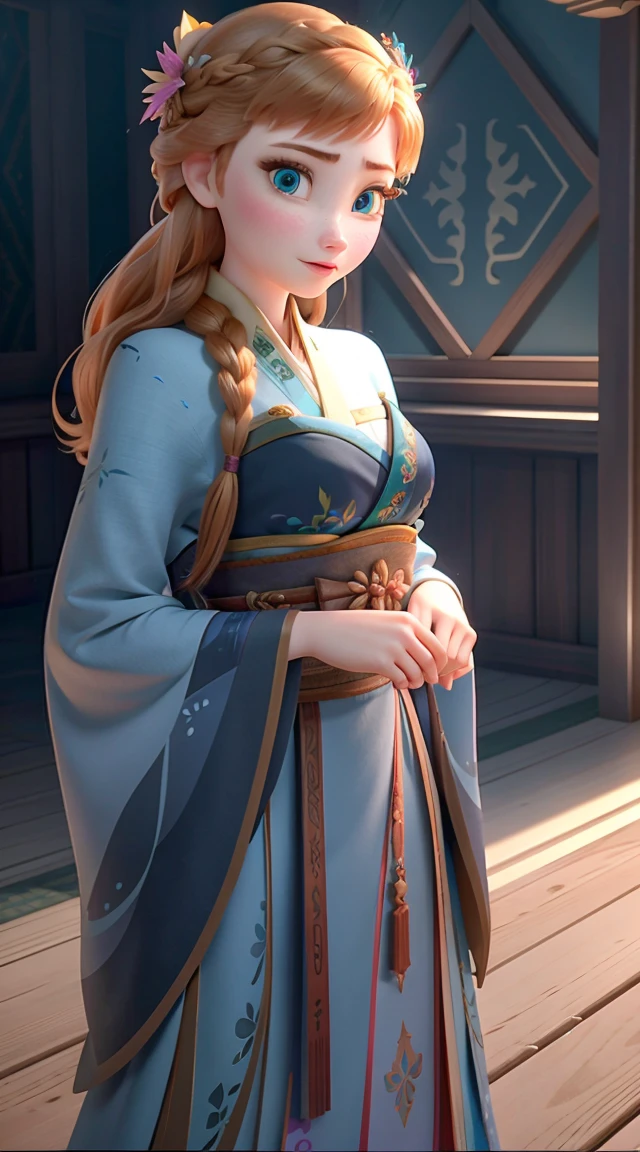 Photo of Anna of Arendelle as a 少女, , Disney Movies「Frozen」Anna, expensive and セクシー, Great face, Perfect body, cute, Hawaii, expensive, Sexy Legs, bursting small breasts, Happy.She is beautifully wearing a navy kimono.