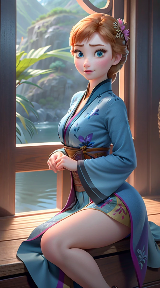 Photo of Anna of Arendelle as a 少女, ,  Disney Movies「Frozen」Anna, expensive and セクシー, Great face, Perfect body, cute, Hawaii, expensive, Sexy Legs, bursting small breasts, Happy.She is beautifully wearing a navy kimono.